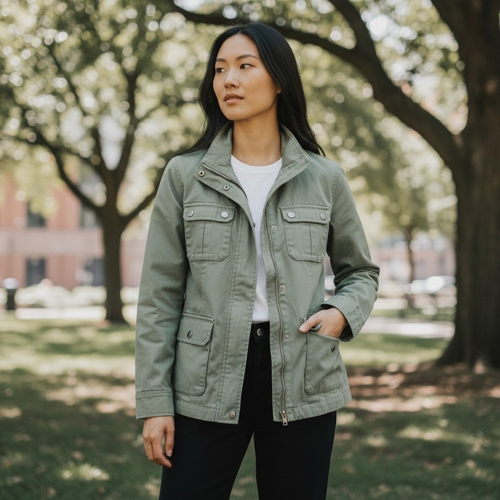 Westbound Women's Utility Jacket Sage Olive Green Four Button Pockets & Zipper M